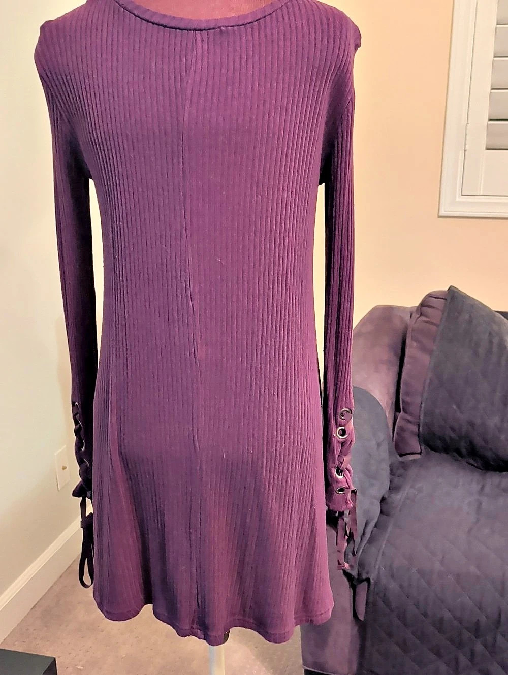 Soft & Sexy Ribbed Lace-Up Sleeve Mini Dress in Purple Size Small - Picture 2 of 6